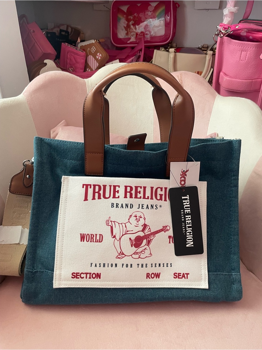 True Religion Teal Canvas Tote with Brown Leather Handles and White Front Patch